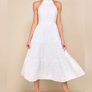 Sunny Perception White Eyelet Embroidered Halter Midi Dress